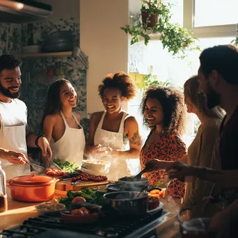 Diverse friends happily cooking together in a bright kitchen - Image 2