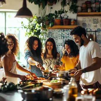 Diverse friends happily cooking together in a bright kitchen - Image 4