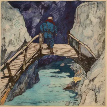 Artistic depiction of traveler crossing wooden bridge over chasm, symbolizing overcoming challenges - Image 4