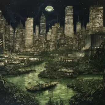 Cityscape with buildings grown from bioluminescent plants - Image 3