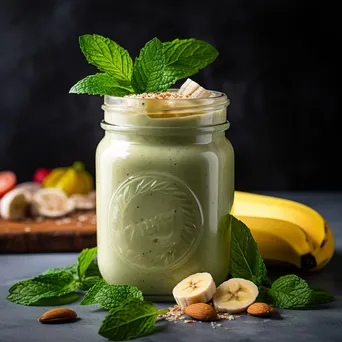 A smoothie jar containing spinach and banana, garnished with mint and fruits on a light background. - Image 2