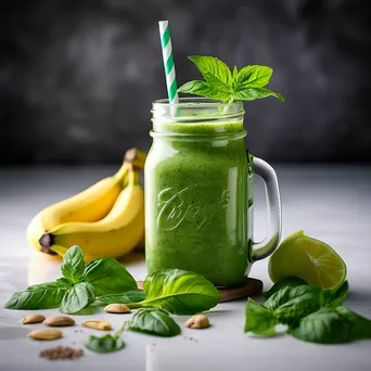 A smoothie jar containing spinach and banana, garnished with mint and fruits on a light background. - Image 3