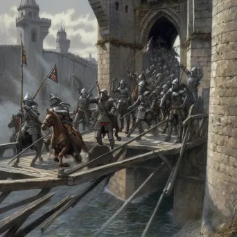 Knights crossing drawbridge into stone castle on quest - Image 2