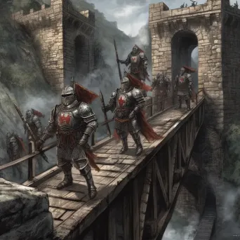 Knights crossing drawbridge into stone castle on quest - Image 4