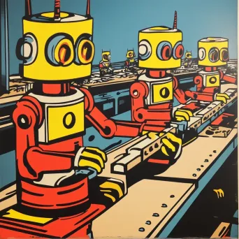 Pop Art style painting of a robotic assembly line, with contrasts and warmer tones, inspired by Roy Lichtenstein - Image 2