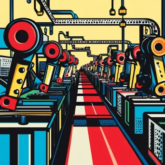 Pop Art style painting of a robotic assembly line, with contrasts and warmer tones, inspired by Roy Lichtenstein - Image 4