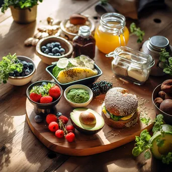 Flat-lay of organic breakfast items including avocado toast and fresh fruit on a wooden table. - Image 1