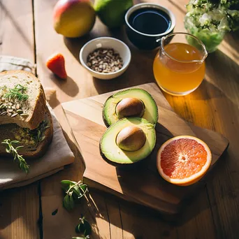 Flat-lay of organic breakfast items including avocado toast and fresh fruit on a wooden table. - Image 3