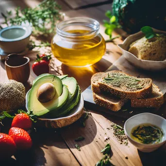 Flat-lay of organic breakfast items including avocado toast and fresh fruit on a wooden table. - Image 4