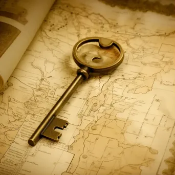 Golden key on an old parchment map symbolizing knowledge and discovery - Image 1