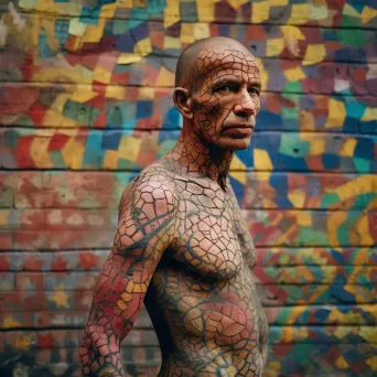 Man with vitiligo standing against a colorful graffiti wall - Image 1