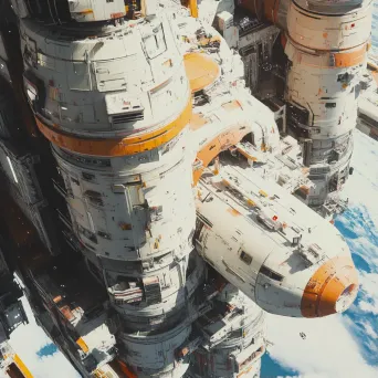 Hyperrealistic scene of a space station in orbit, illustrating cohabitation of humans and robots - Image 1