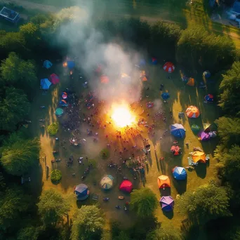 Aerial view of a campsite with tents and a bonfire - Image 1