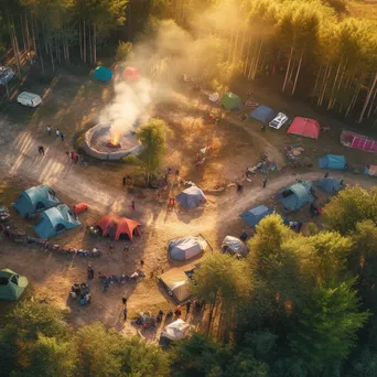 Aerial view of a campsite with tents and a bonfire - Image 3