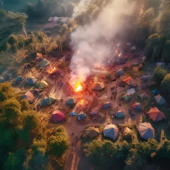 Aerial view of a campsite with tents and a bonfire - Image 4