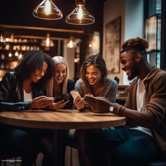 Group of friends discussing online shopping while using their smartphones at a café. - Image 1