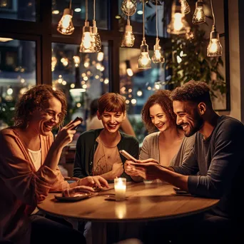 Group of friends discussing online shopping while using their smartphones at a café. - Image 2