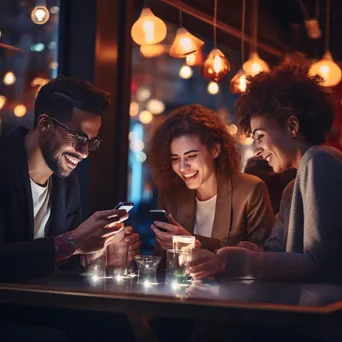 Friends Discussing Online Shopping at Café