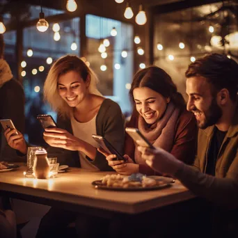 Group of friends discussing online shopping while using their smartphones at a café. - Image 4