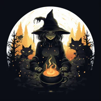 Cackling witch with cauldron, black cat, spooky forest Halloween logo - Image 3