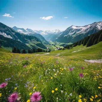 Aerial view of alpine meadow with blooming wildflowers and snowy peaks - Image 2