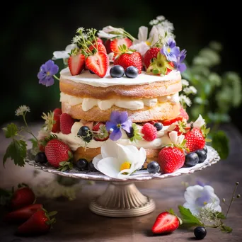 Layered sponge cake with strawberries and flowers - Image 3