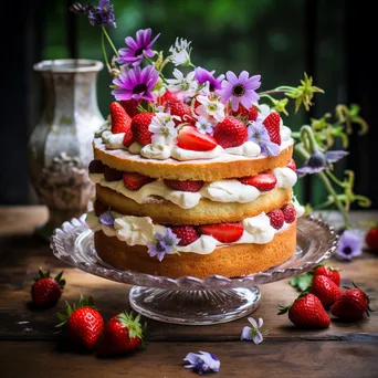 Layered sponge cake with strawberries and flowers - Image 4