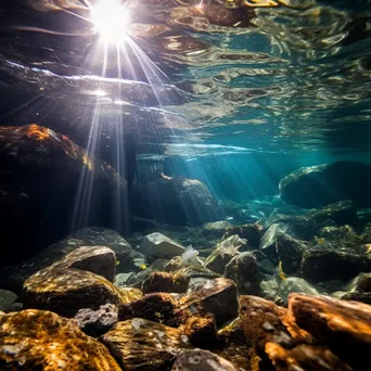 Underwater view of fish in a rock pool with sunlight - Image 1