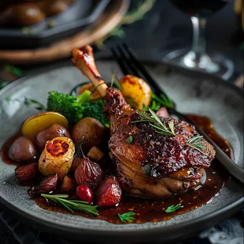 Plate of gourmet duck confit with vegetables and sauce - Image 3