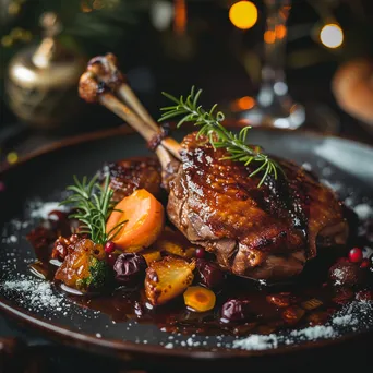 Plate of gourmet duck confit with vegetables and sauce - Image 4