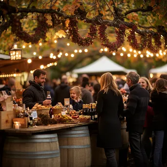 Families enjoying a harvest festival in a vineyard with twinkling lights. - Image 3