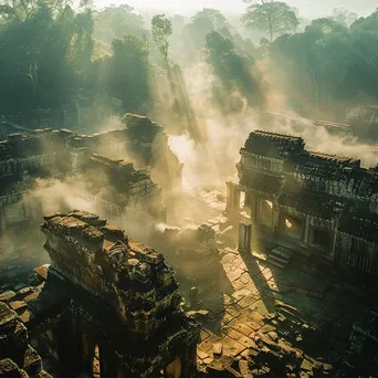 Ancient temple complex ruins surrounded by mist - Image 1