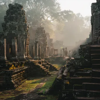 Ancient temple complex ruins surrounded by mist - Image 3