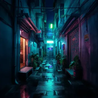 Image of an alleyway night scene with neon light pools - Image 2