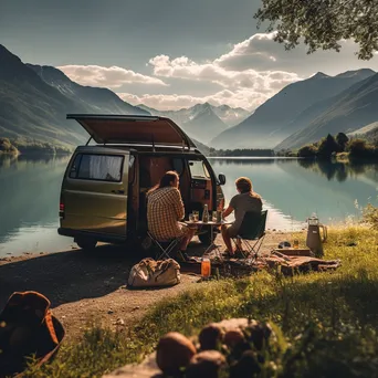 Couple having a picnic beside their modern van by a lake - Image 1