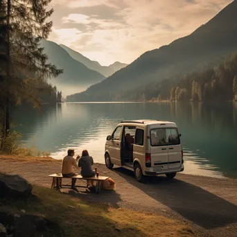 Couple having a picnic beside their modern van by a lake - Image 3