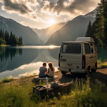 Couple having a picnic beside their modern van by a lake - Image 4