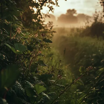 Forager gathering herbs at dawn in hedgerow - Image 1