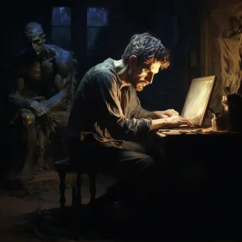 Digital artist sitting in a dimly lit room, face illuminated by light from drawing tablet - Image 2