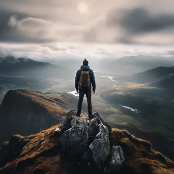 Adventurer standing atop a rocky mountain ridge - Image 1