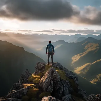 Adventurer standing atop a rocky mountain ridge - Image 3