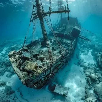 Sunken pirate ship and treasure chests underwater - Image 1