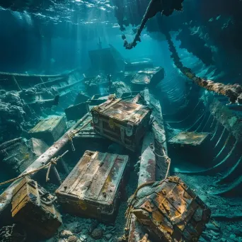 Sunken pirate ship and treasure chests underwater - Image 2