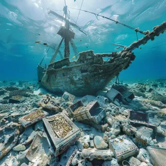 Sunken Pirate Ship and Treasure Chests Underwater