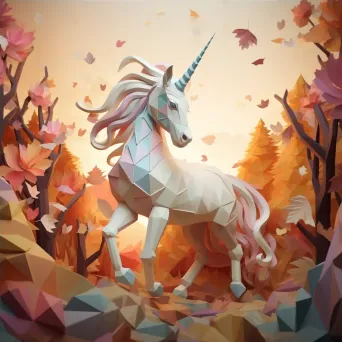 Enchanting low poly unicorn amidst captivating pastel autumn forest - Image 4