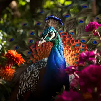 Peacock with vibrant feathers in lush garden with floral patterns - Image 2