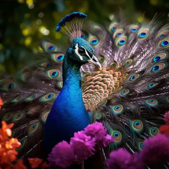 Peacock with vibrant feathers in lush garden with floral patterns - Image 3