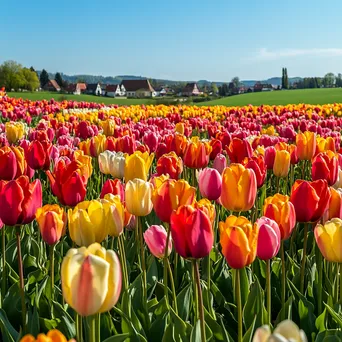 Colorful tulip field with a clear sky and village in the distance - Image 1