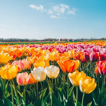 Colorful tulip field with a clear sky and village in the distance - Image 4