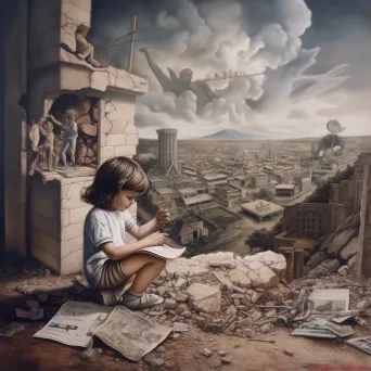 Image of a child painting a mural on a demolished wall, symbolizing innocence and hope amid conflict - Image 1